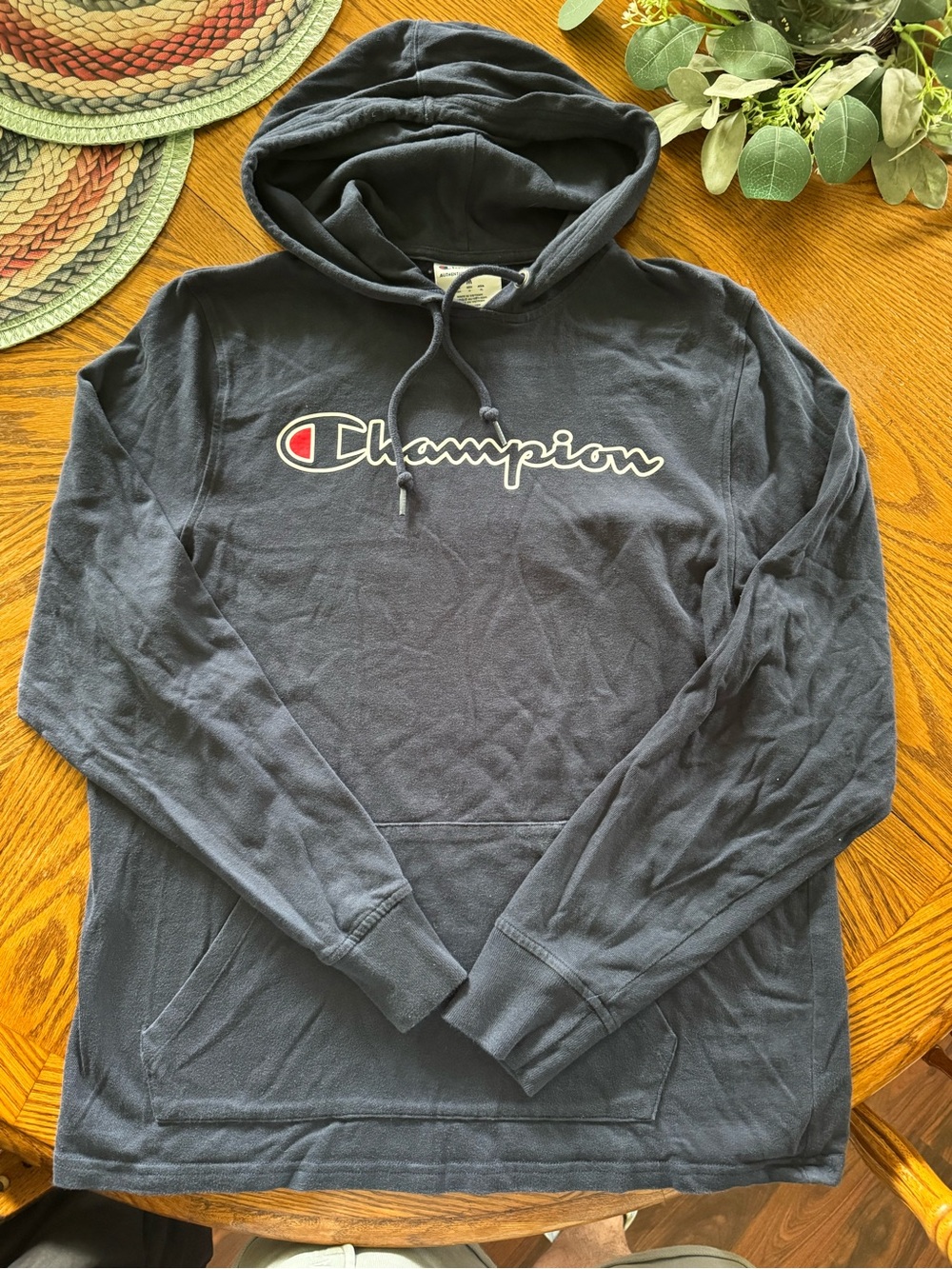 Champion Navy Blue Crewneck Hoodie with Script Logo